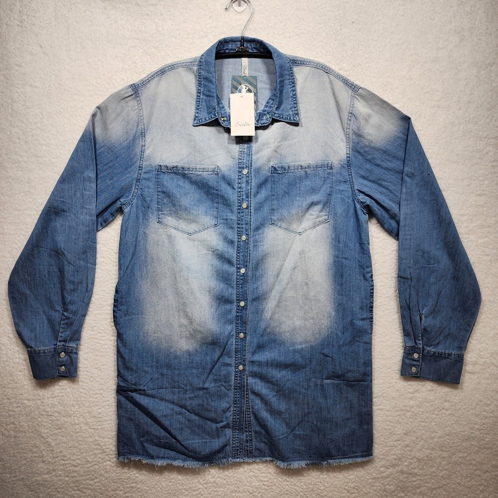 Celeste Womens Denim Shirt Dress Light Wash Snap Front Frayed Hem Tunic L